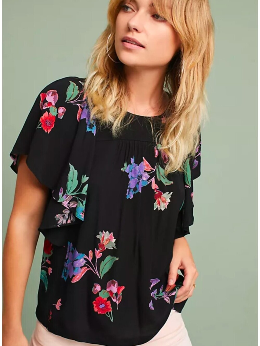 MAEVE ANTHROPOLOGIE BLACK FLORAL FLUTTER SLEEVE 100% VISCOSE BLOUSE | SIZE S